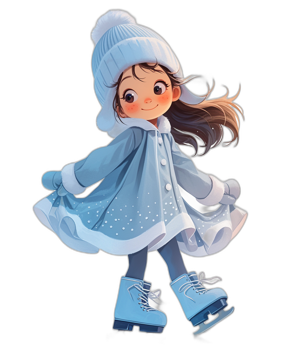 Cute girl in a blue coat, hat and boots ice skating in the style of clipart, cartoon illustration with a black background, high quality