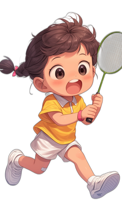 A cute little girl playing badminton, wearing yellow and white  with a black background, in the style of a character cartoon, in the style of a Q-version manga, with a Chinese New Year atmosphere, in a lively action pose, with high resolution and clear details of facial features, with a smiling expression and sweat on the forehead, in a running posture and holding a racket in hand.