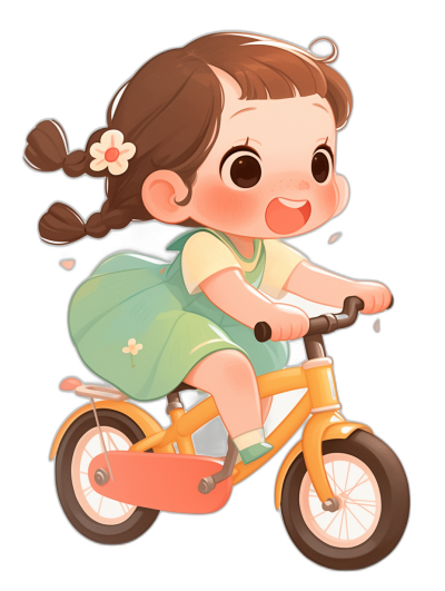 A cute little girl is riding an adorable children's bicycle in the style of a cartoon with a black background. It is a vector illustration with bright colors and soft lighting. She has brown hair tied in two pigtails, wearing a green dress and white shoes on her feet. Her eyes have big eyelashes and she smiles while sitting on the bike, which appears to have a yellowish orange or red color scheme. The simple line design includes lines suitable for coloring books, children's illustrations, or children's drawings.