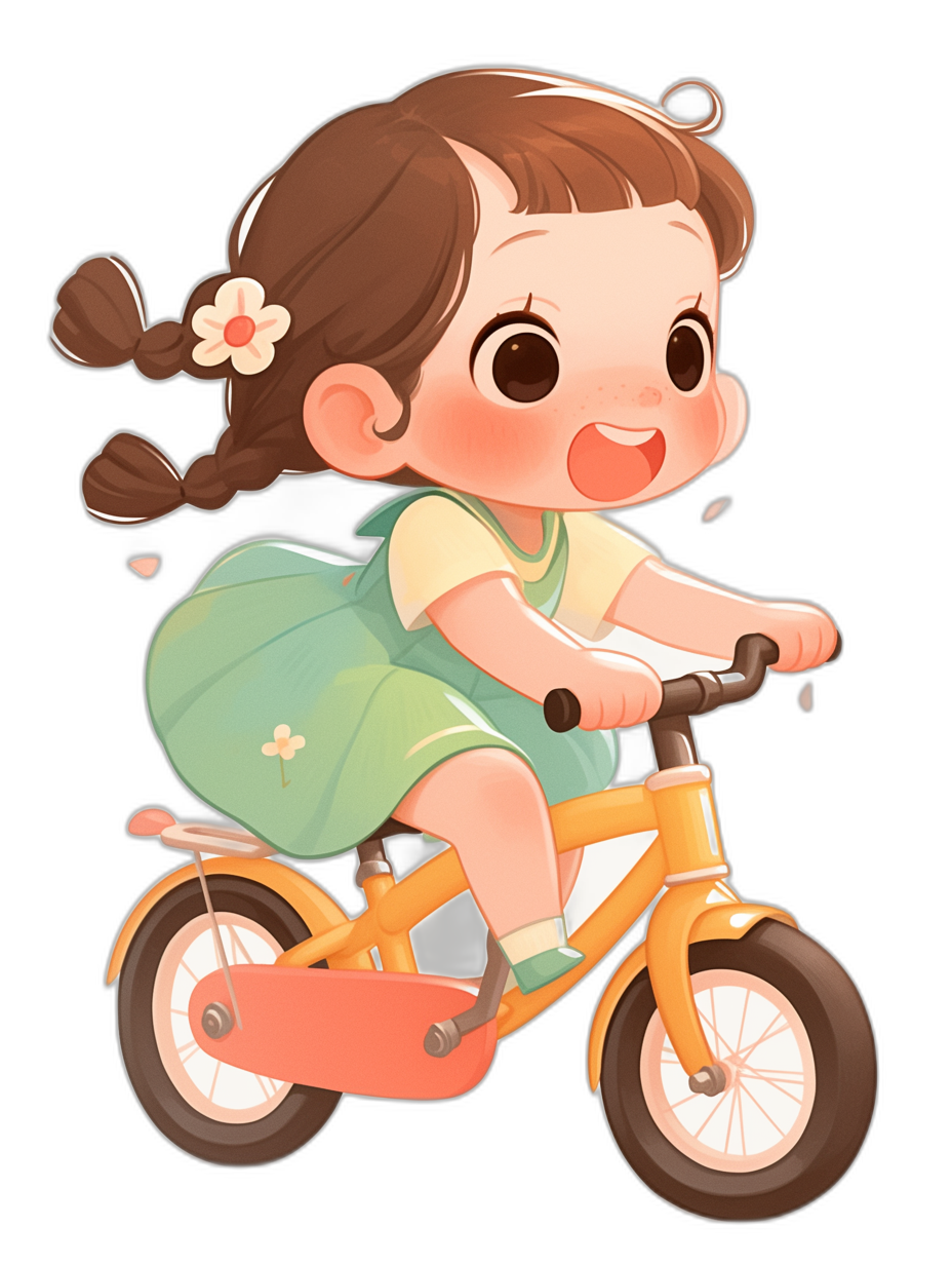 A cute little girl is riding an adorable children’s bicycle in the style of a cartoon with a black background. It is a vector illustration with bright colors and soft lighting. She has brown hair tied in two pigtails, wearing a green dress and white shoes on her feet. Her eyes have big eyelashes and she smiles while sitting on the bike, which appears to have a yellowish orange or red color scheme. The simple line design includes lines suitable for coloring books, children’s illustrations, or children’s drawings.