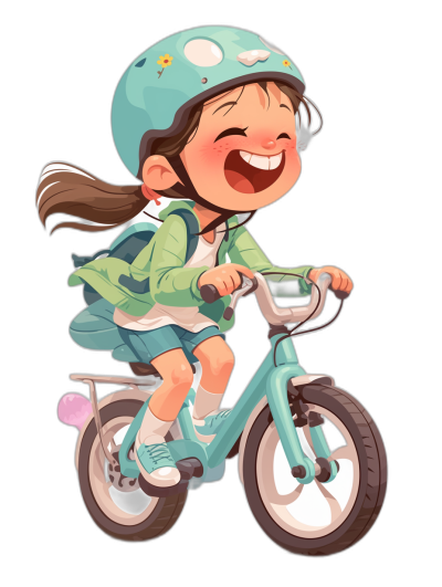 A cute little girl is riding her bike, laughing and wearing a helmet on a black background in the style of a Chibi anime character illustration. She has long brown hair tied back with buns, wears a blue school uniform and green backpack, white sneakers, a turquoise road shoulder helmet, and a cyan flying skirt. The composition focuses on a front view with the main subject being an adorable smiling young Japanese female child riding her bicycle, all depicted in high quality.