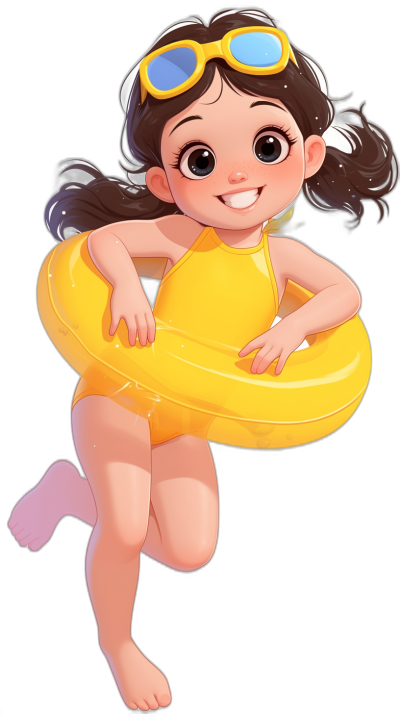 Cute little girl cartoon avatar, wearing a yellow swimming costume and goggles on her head floating in the air with an inflatable ring against a black background. The character is chubby and smiling, with big eyes and long hair. She has beautiful legs and feet. It's full of vitality in the style of anime.