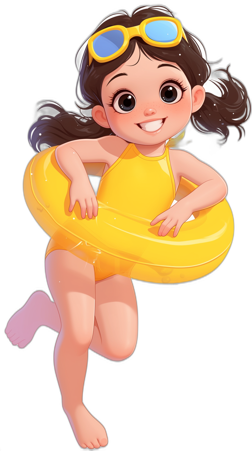 Cute little girl cartoon avatar, wearing a yellow swimming costume and goggles on her head floating in the air with an inflatable ring against a black background. The character is chubby and smiling, with big eyes and long hair. She has beautiful legs and feet. It’s full of vitality in the style of anime.