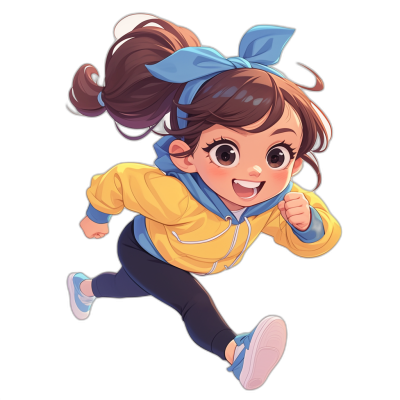 A cute little girl with big eyes, smiling and happily running in the air wearing a yellow jacket, blue hoodie, white shoes and black leggings in the style of a cartoon character design in an anime style on a black background.