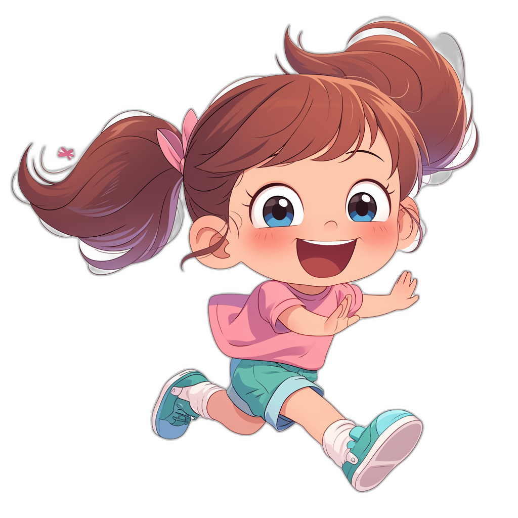 Cute chibi cartoon girl with brown pigtails, wearing a pink shirt and blue shorts running and smiling on a black background in the style of an anime artist.