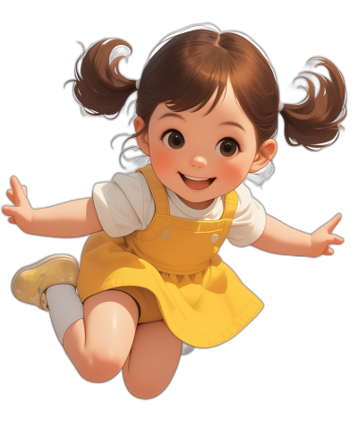 Cute cartoon girl in a yellow dress and white shirt with brown pigtails and bangs smiling and jumping on a black background, full body, cute baby face, in the style of 2d game art, with a resolution of 3840x5760, in the style of Disney Pixar animation character design.