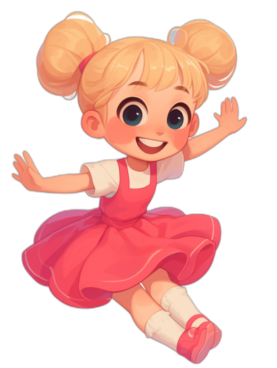 Cute blonde girl with pigtails in a pink dress and white socks, smiling while jumping, full body, character concept art in the style of Disney Pixar studio, black background, cute big eyes