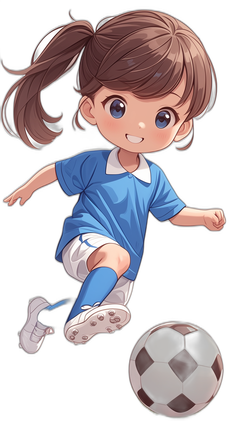 chibi style, brown hair girl with blue shirt and white shorts playing soccer on black background, wearing long socks, cute eyes, smiling, ponytail hairstyle, ch DOUBLEE majestic pose, dark color palette, football ball flying close to the ground