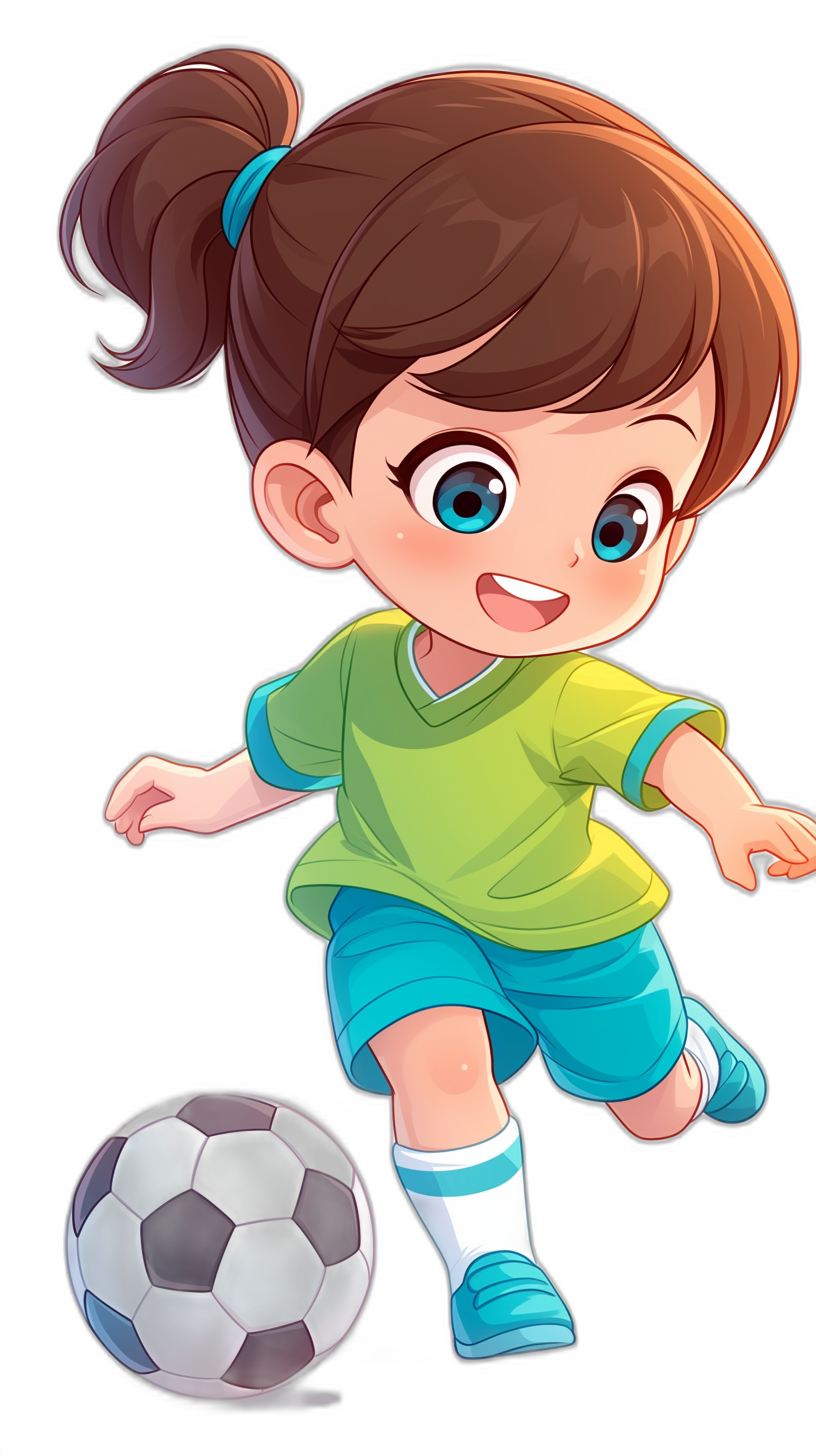 A cute little girl playing soccer in a cartoon style with a vector art flat color design and simple lines in the style of a chibi character. She is wearing a green t-shirt and blue shorts with white socks and shoes, with hair in a ponytail bun and a big smiling face expression reminiscent of Pixar animation style. A full body shot shows her with a cartoon soccer ball next to her feet on the ground.