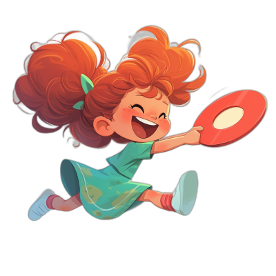 A cute red haired girl is smiling and jumping while holding the frisbee. This simple flat vector illustration has a black background and is in the style of Pixar with a cute character design. It shows a full body shot of the character concept art and character turnaround. The vivid color palette and low poly render could work for a children's book cover design or 2D game asset. The girl has white shoes, a green dress, and a simple hair style with long curly hair.