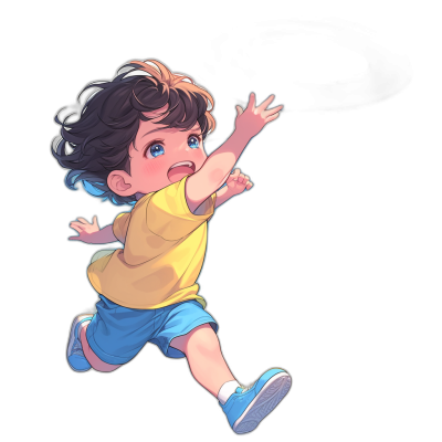 A cute little boy, wearing blue shorts and a yellow t-shirt with sneakers on his feet, is jumping up in the air. The background is black, in the style of anime. He has curly hair and bright eyes. His expression is happy.