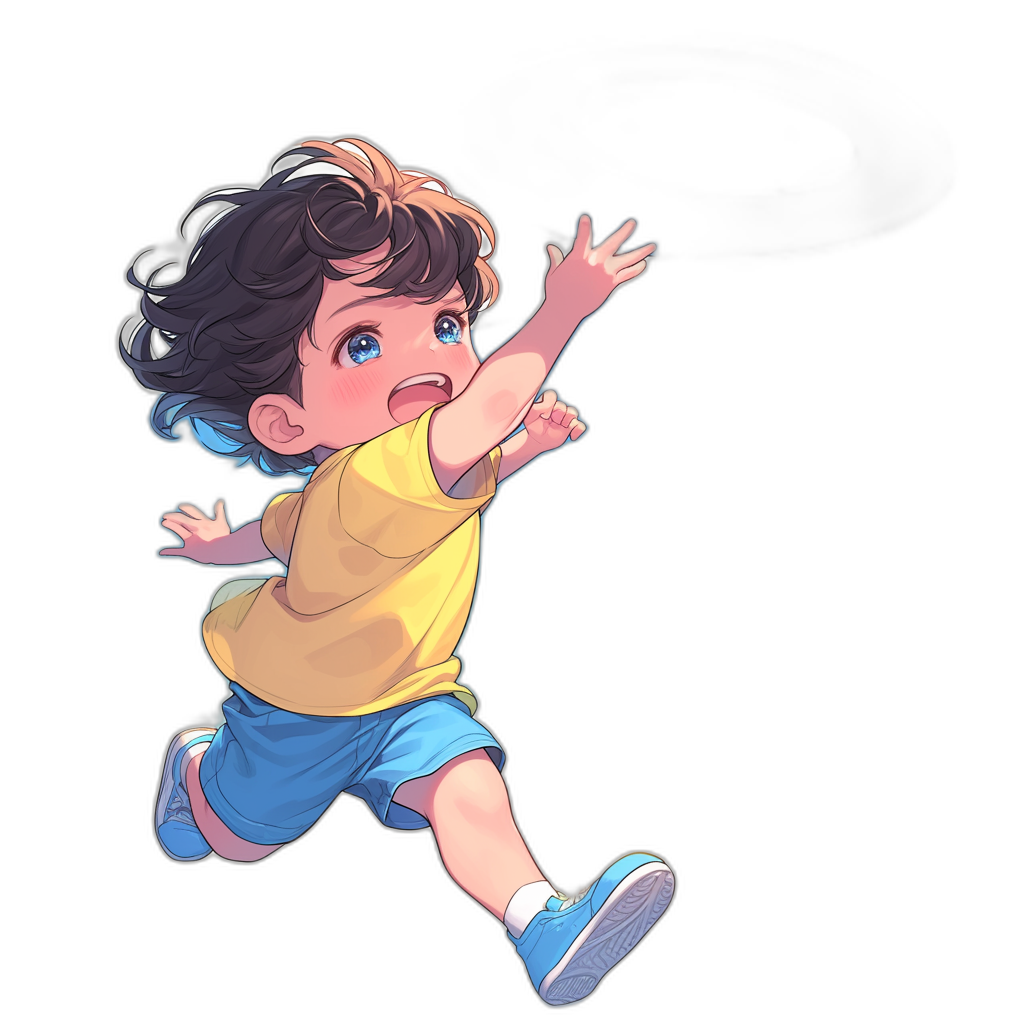 A cute little boy, wearing blue shorts and a yellow t-shirt with sneakers on his feet, is jumping up in the air. The background is black, in the style of anime. He has curly hair and bright eyes. His expression is happy.