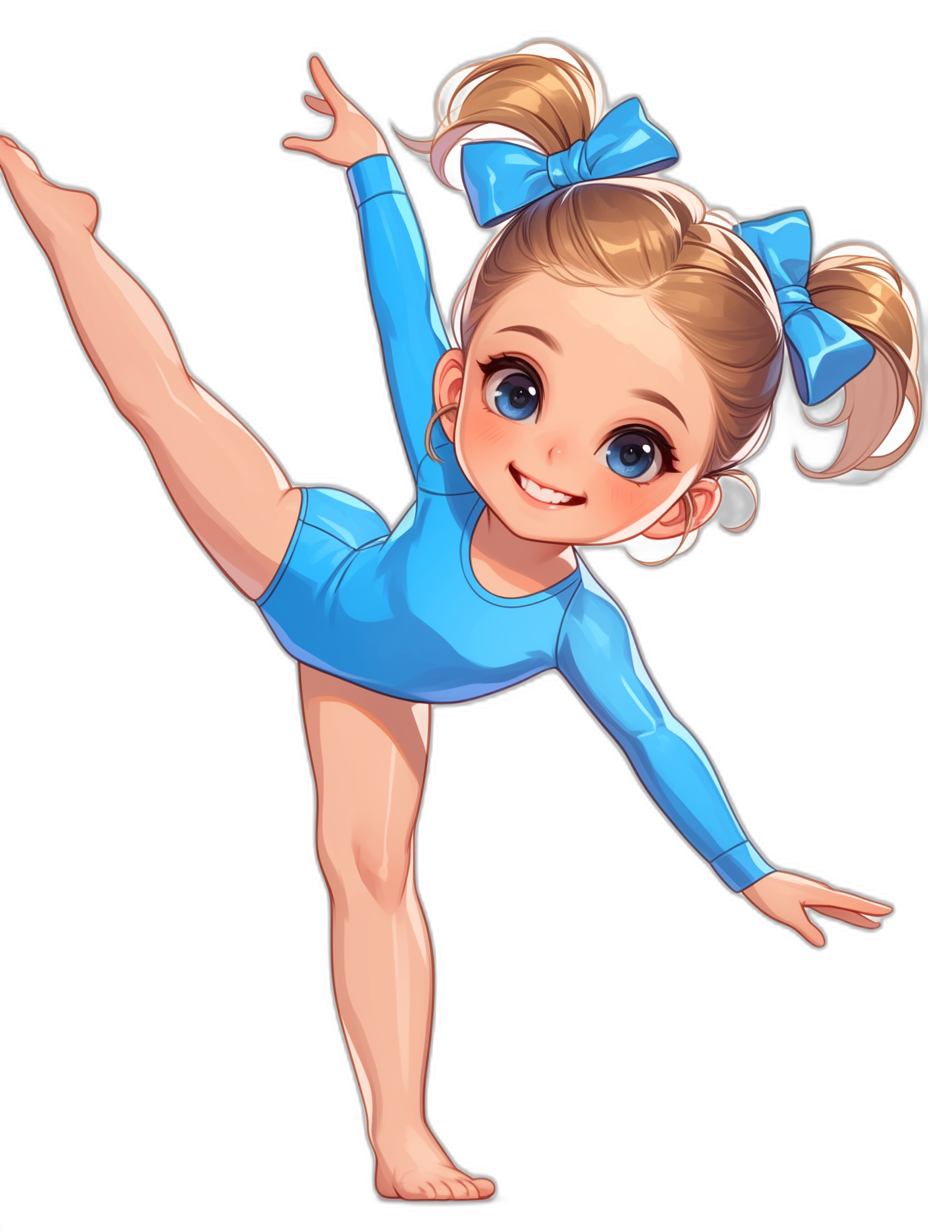 A cute little girl gymnast in a blue costume, with blonde hair in two pigtails and big eyes, is doing an elegant cartwheel pose in the style of a cartoon on a black background.
