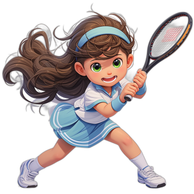 A cute little girl playing tennis, wearing white shoes and a blue skirt with green eyes in the style of Chibi anime character design. She has long brown hair tied back with a headband, holding a racket ready for play on a black background.