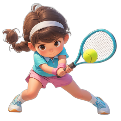 A young girl playing tennis, hitting the ball with her racket. She has brown hair in pigtails and is wearing pink shorts, a blue shirt, a white headband, sneakers, in the style of Pixar character design on a black background.