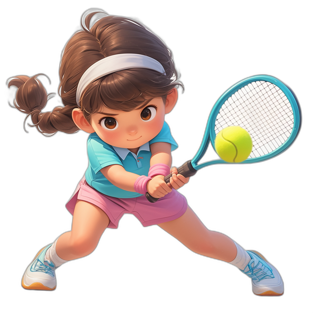 A young girl playing tennis, hitting the ball with her racket. She has brown hair in pigtails and is wearing pink shorts, a blue shirt, a white headband, sneakers, in the style of Pixar character design on a black background.