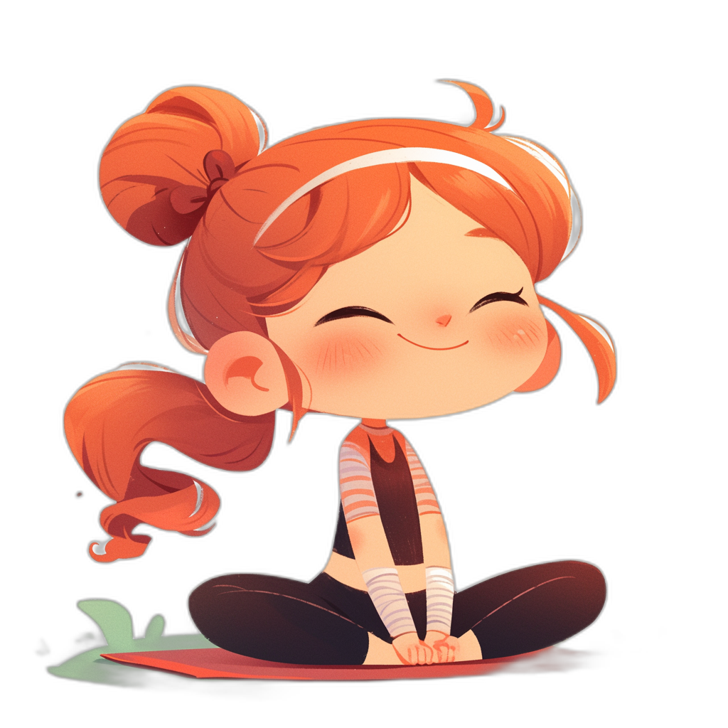 Cute chibi girl doing yoga, smiling, happy face, red hair in pigtails, black background, digital art by Pixar, trending on Artstation