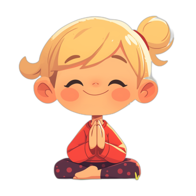 A cute cartoon blonde girl meditating in the style of clip art on a black background.