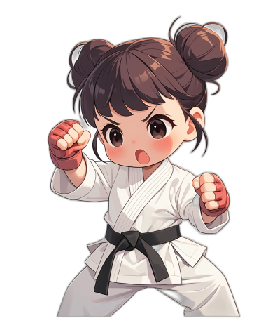 Cute little girl in a white karate outfit, with a black belt and dark brown hair tied into two buns doing an uppercut kick. In the style of a sticker. Black background. In the style of anime. Cute features.