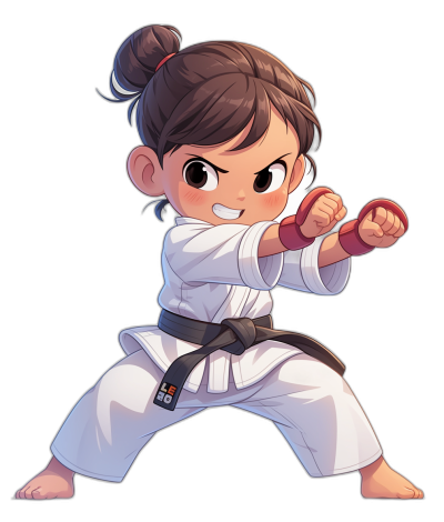 A cute little girl in a white karate uniform, doing a kicking with her right leg against a black background. She has dark brown hair and is wearing a black belt. The illustration style should be colorful and vibrant like the style of Japanese anime or chibi characters. It should have bold lines and bright colors, typical of the animation style. Character design sheet for a cartoon game character, full body shot.