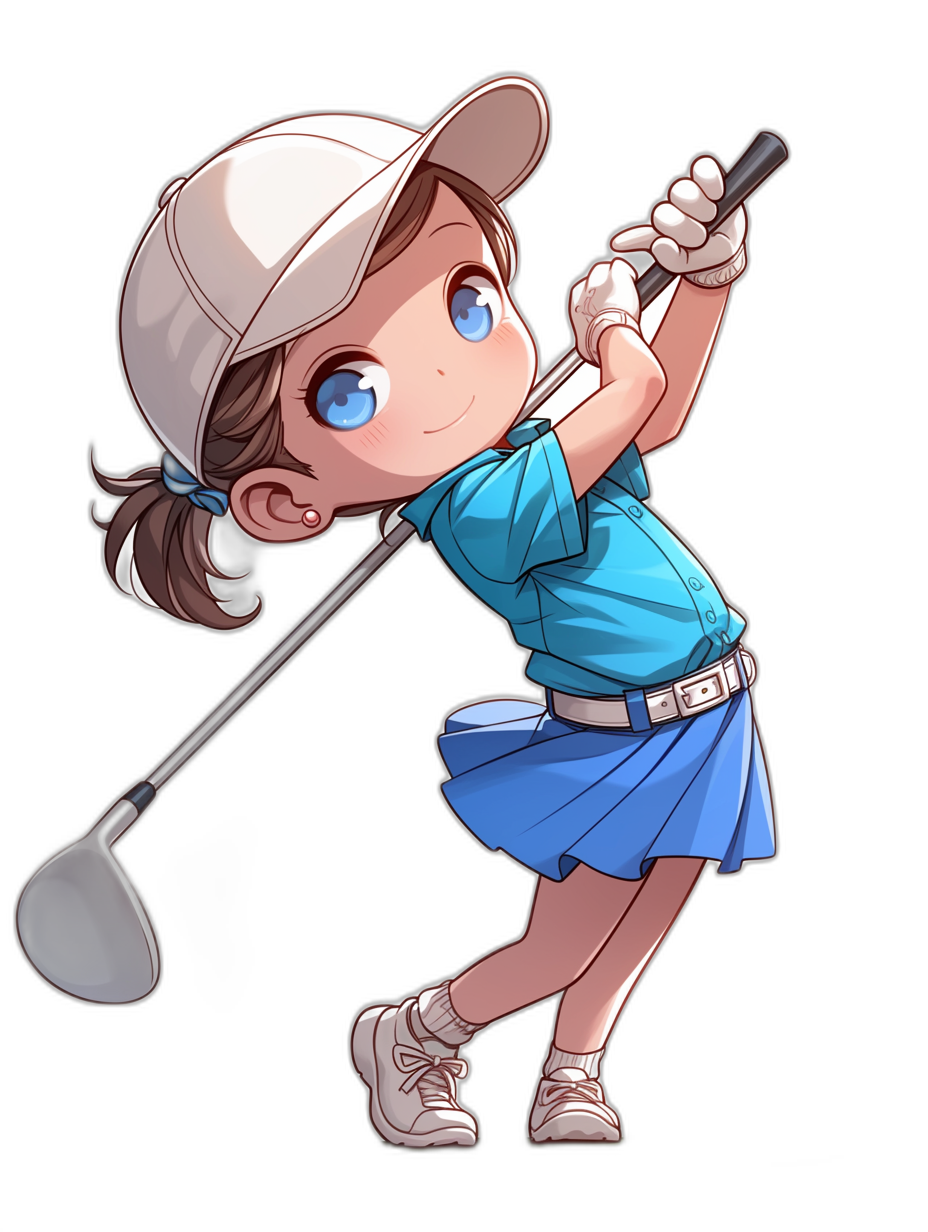 chibi style, full body of girl with blue eyes and brown hair in ponytail wearing white cap and baby-blue skirt playing golf on black background