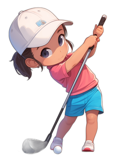 A cute little girl playing golf, wearing blue shorts and a pink short-sleeved shirt with a white cap, swinging the club in the style of anime, black background, full body portrait, high resolution, 2D illustration.