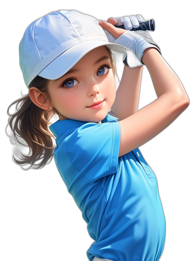 Cute girl wearing a blue golf shirt, a white cap and gloves playing golf against a black background in the style of realistic anime.