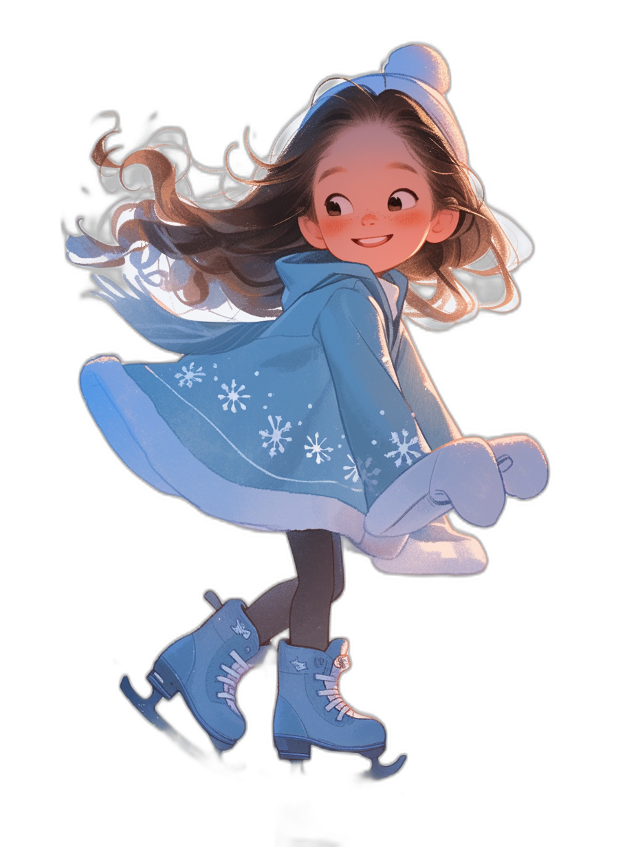 A cute little girl ice skating, wearing blue dress with white snowflakes on it and hat, smiling happily. She has long brown hair blowing in the wind. Her shoes glow light gray as she skates across the black background. The style is cartoonish and colorful, with high contrast lighting and a 3D effect.