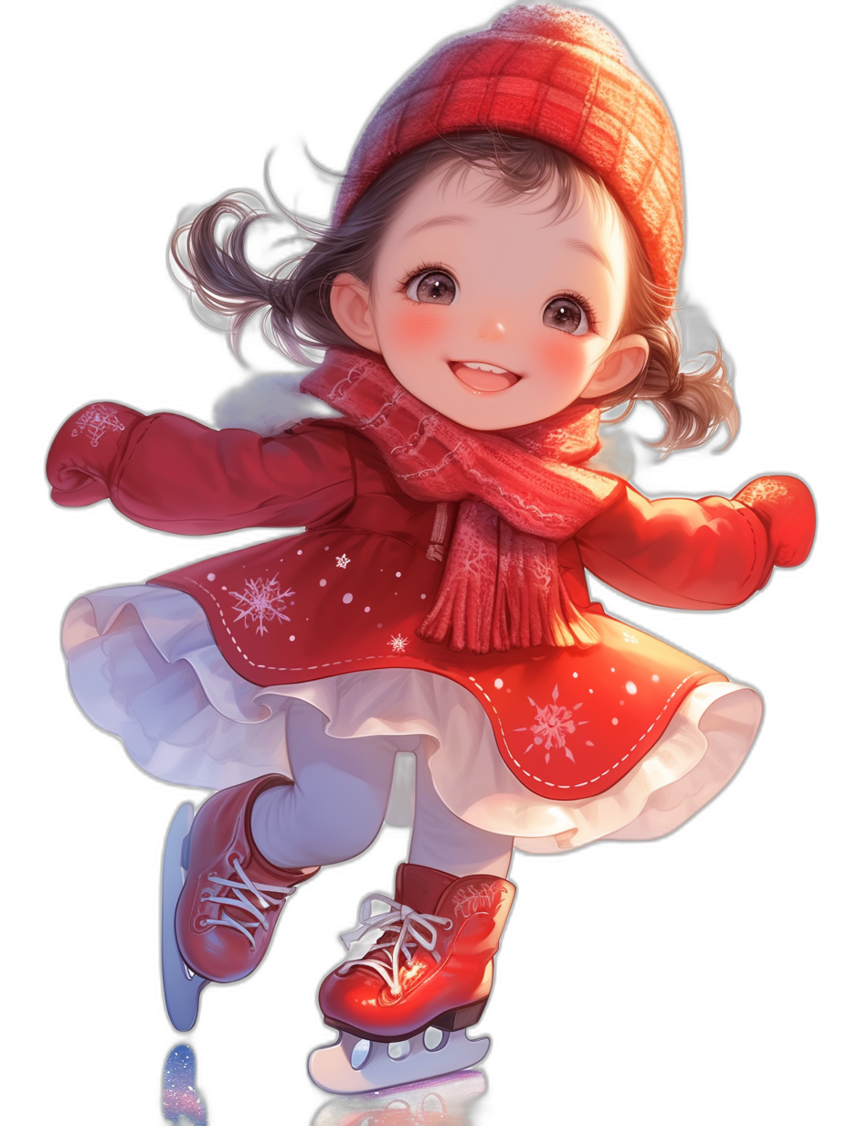 A cute little girl wearing red , a white skirt and hat is skating on ice skates. She has big eyes with a bright black background. The cartoon character features high-definition illustrations and an anime style, in the style of [Kawacy](https://goo.gl/search?artist%20Kawacy), 2D game art, lively action poses, high resolution, shiny glossy art.