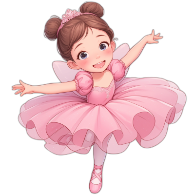 Cute ballerina girl in a pink tutu, in the style of a children's book illustration, with a simple chibi cute cartoon art style, shown in a full body shot, with flat colors and no shading, a clear outline on a black background, a solid colored pink dress, short hair in a bun and pigtails, wearing shoes, she is smiling while doing a ballet pose, with flying wings depicted behind her head, isolated on a white background.