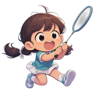 chibi style picture of an anime girl playing badminton on a black background. She is wearing blue and white  with brown ponytail hair, smiling face expression, holding the racket ready to hit the ball. Her shoes have light purple laces. Cute character design, high resolution, high quality in the style of an anime artist.