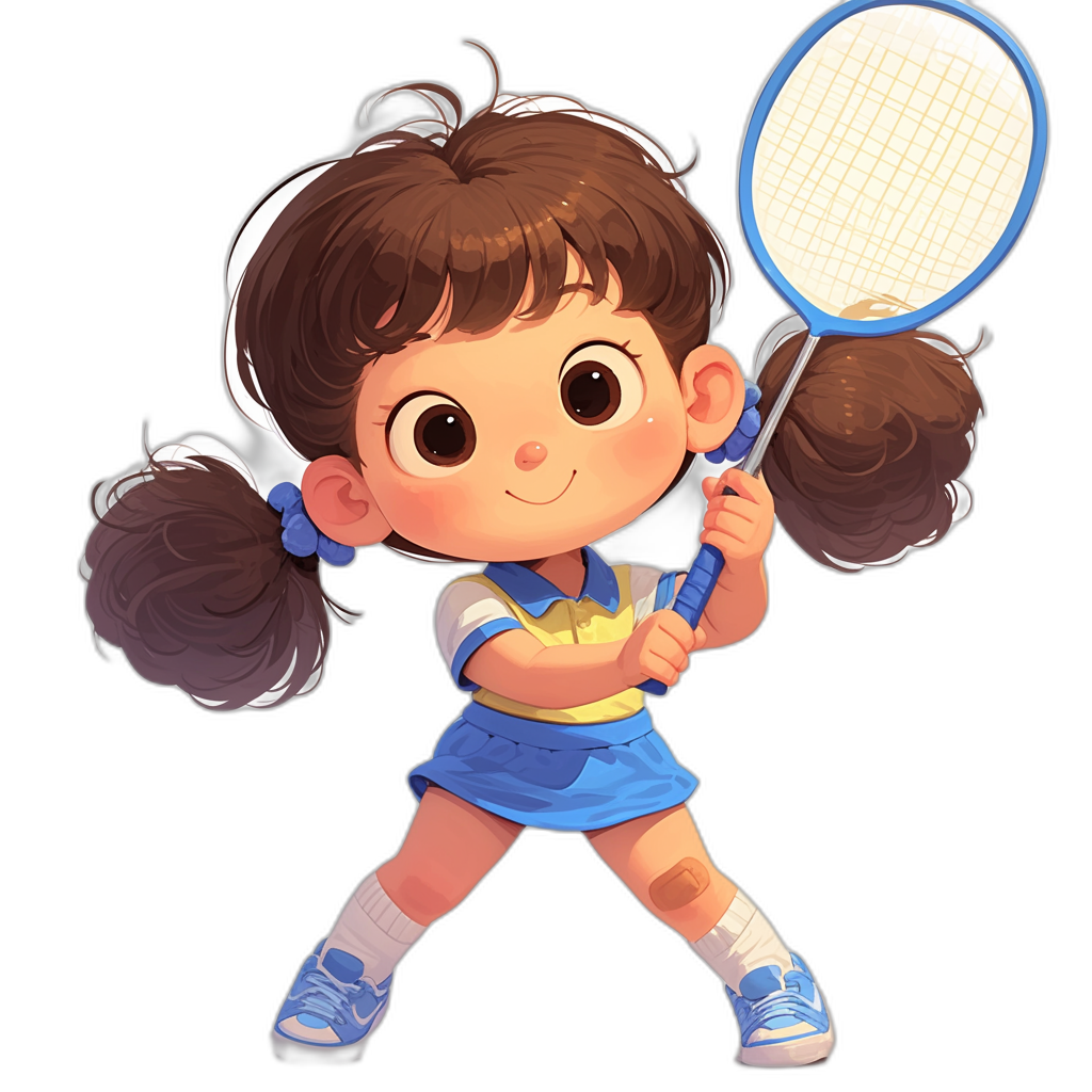 A cute little girl playing badminton in the chibi style. The illustration is in the style of Disney Pixar characters, with simple strokes and a black background. It is a cartoon character design sketch with flat colors and simple details. The front view shows the girl with solid white short hair in a double ponytail on the side, wearing a blue and yellow sports uniform with shorts and shoes. She is holding a racket in both hands.