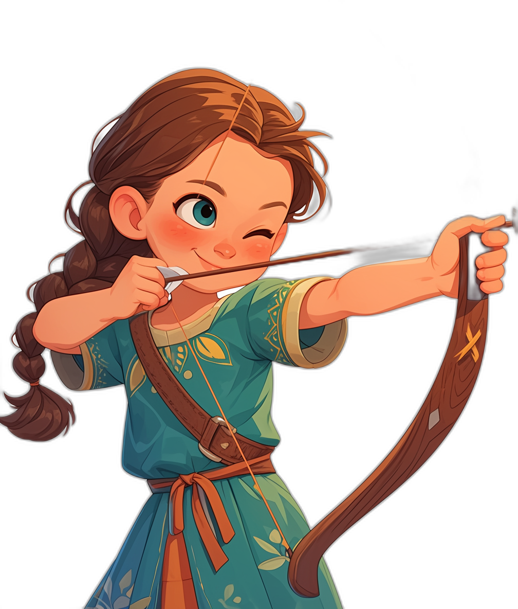 Cute cartoon princess shooting a bow and arrow in the style of Disney, black background, turquoise dress with a brown belt, simple facial features, a smiling face, long hair in a braid, a cartoon character illustration, game art