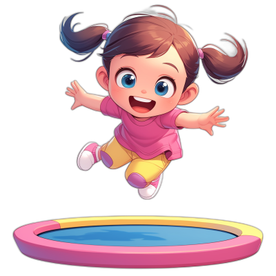 A cute little girl is jumping on the trampoline in a cartoon style illustration with a black background. She has brown hair in pigtails and blue eyes, wearing a pink shirt, yellow pants, and white shoes. She is smiling big, with a focus on her face.