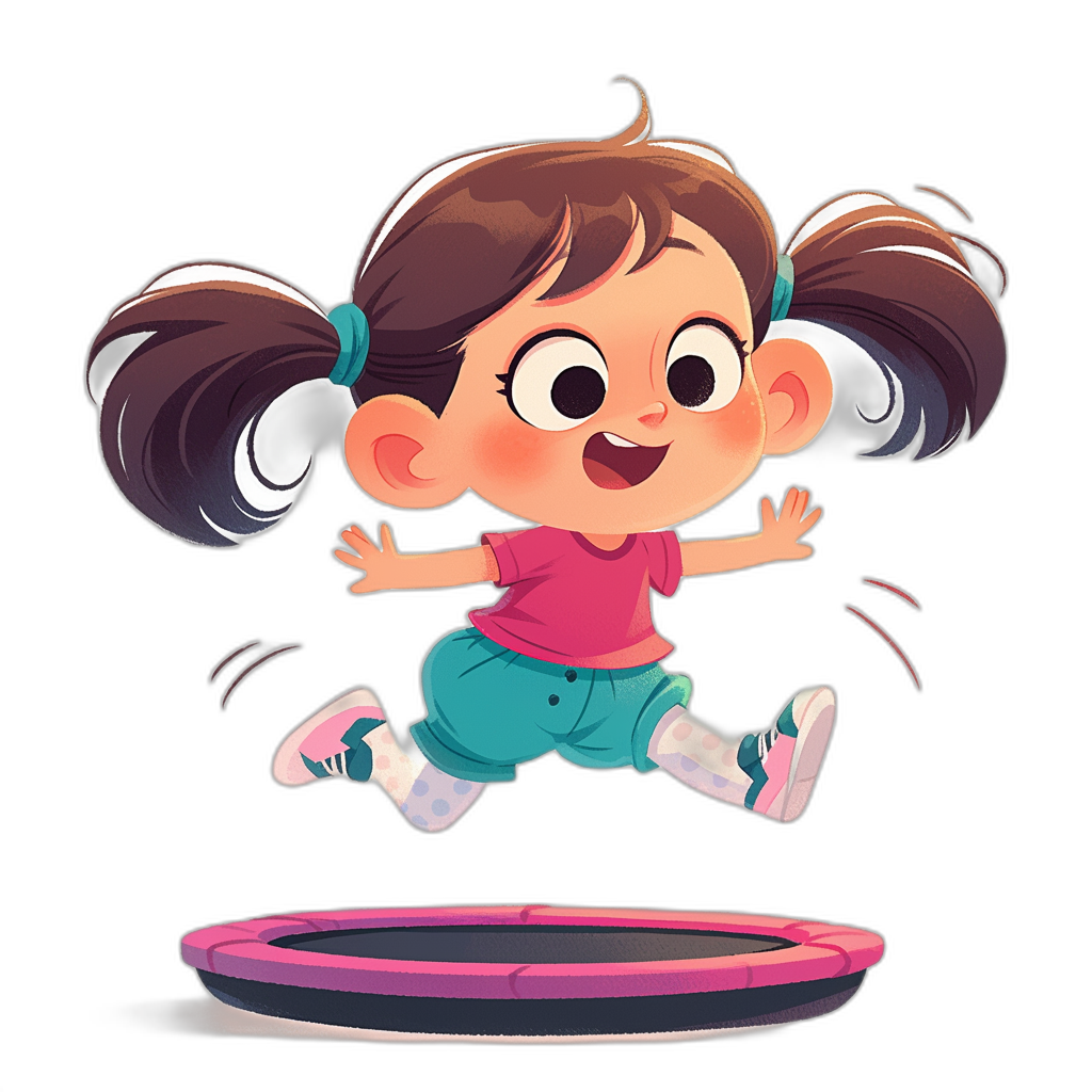 A cute cartoon girl is jumping on the trampoline, with exaggerated movements and Disney style expressions. She has brown hair in pigtails, big eyes, pink cheeks, wearing blue shorts and red short sleeves, black background, colorful colors, high-definition illustrations, Q-version game character design.,,in