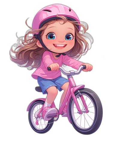 Cute girl on pink bike, chibi style character design, cartoon illustration for children's book, solid black background, wearing helmet and blue shorts with white short sleeves and light purple long-sleeved shirt in the style of chibi.