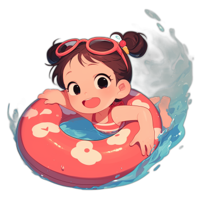 Cute chibi girl on an inflatable ring, swimming in the sea, in the style of Ghibli, vector illustration, black background, 2D, flat design, colorful, cartoon character concept art, watercolor painting, red and blue color scheme, detailed design, high resolution, 30k, sharp focus, high contrast, studio lighting, vibrant colors, cute little face with tongue out, joyful expression. The girl is wearing pink goggles and has her hair tied back. High resolution.