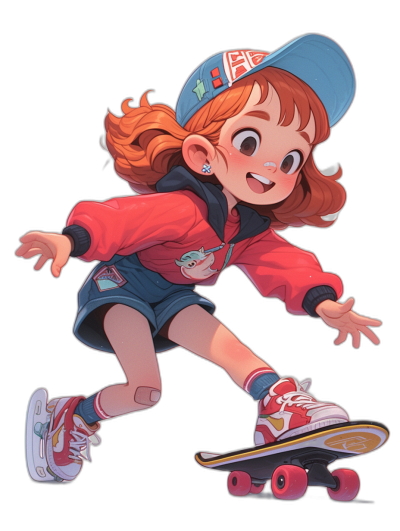 A cute girl in red and blue , wearing sneakers on her feet with cap, is depicted riding an electric skateboard while smiling at the camera. The character has ginger hair and big eyes, rendered in detailed anime style. It's set against black background, creating a lively atmosphere. This artwork features vibrant colors, flat illustration, and a cartoonish aesthetic.