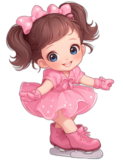 Cute chibi girl wearing a pink dress and ice skating in the style of a clipart style, isolated on a black background, of high quality.