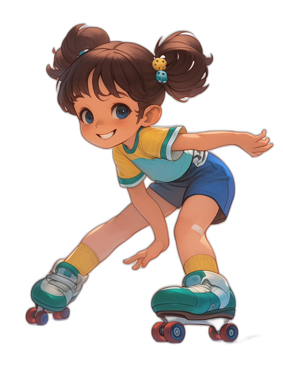 A cute little girl roller skating, wearing short blue shorts and a yellow t-shirt with light green sneakers, smiling with an expression of joy, brown hair in pigtails, character design in the style of [Akira Toriyama](https://goo.gl/search?artist%20Akira%20Toriyama) from the game Dragon Ball Z, black background, anime style.