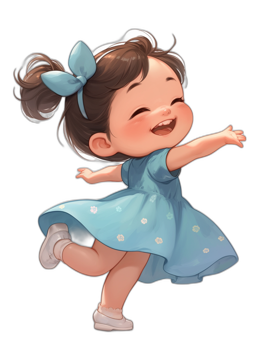 A cute baby girl in a blue dress smiling and dancing in the style of Disney Pixar, with a kawaii style on a black background and in a chibi character design with soft lighting, high resolution digital art.