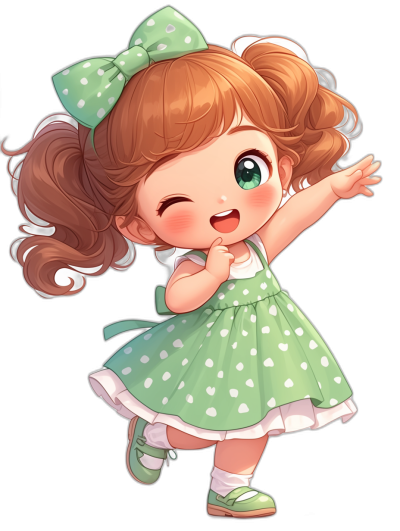 Cute chibi style, green polka dot dress with white dots and bow in hair brown girl smiling dancing on black background