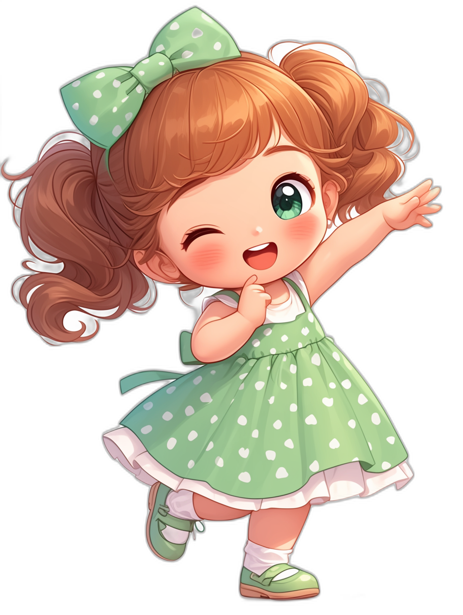 Cute chibi style, green polka dot dress with white dots and bow in hair brown girl smiling dancing on black background