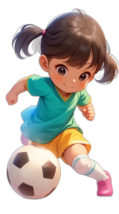 A cute little girl is playing football, wearing green and blue short sleeves with white shorts underneath. She has brown hair tied in two pigtails and pink shoes on her feet. The background is black with a cartoon style and high-definition resolution. The image has high details and bright colors in the style of Q-version manga.