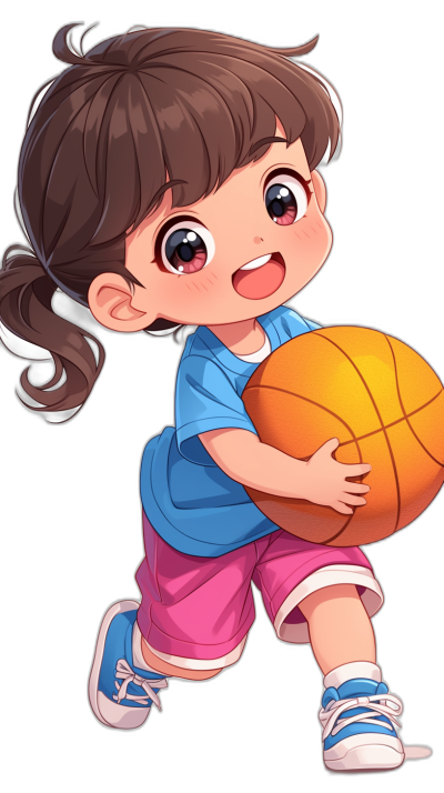 A cute little girl is playing basketball, wearing blue and pink short sleeves with white shoes on her feet. She has brown hair tied in pigtails, big eyes, and a happy expression. The illustration is in the style of Pixar with a black background and high quality details at a super resolution. A close-up of the character's upper body in .