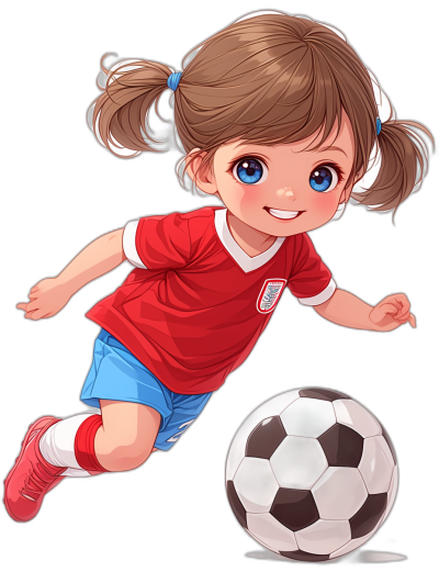 A cute little girl with blue eyes and brown hair in pigtails, wearing a red soccer jersey and shorts is kicking the ball on a black background, in the style of anime.