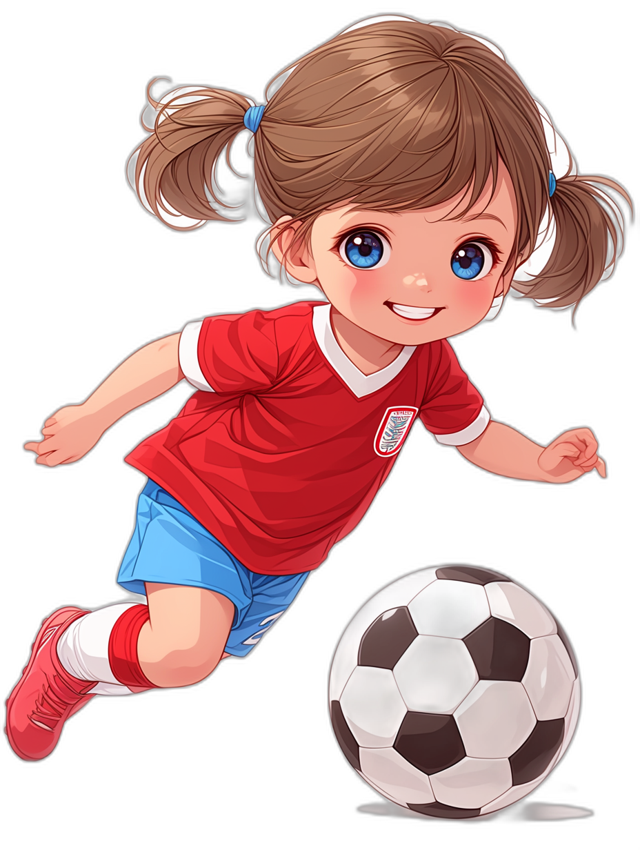 A cute little girl with blue eyes and brown hair in pigtails, wearing a red soccer jersey and shorts is kicking the ball on a black background, in the style of anime.