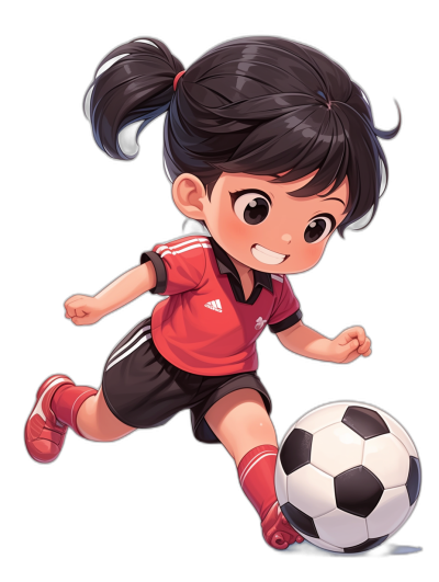 Cartoon style, chibi character of an Asian girl playing soccer with black hair in pigtails and a red shirt, white short shorts, and dark shoes. She is kicking the ball while smiling at camera against a black background. In the style of Chuvshinisteri. High resolution, high detail.