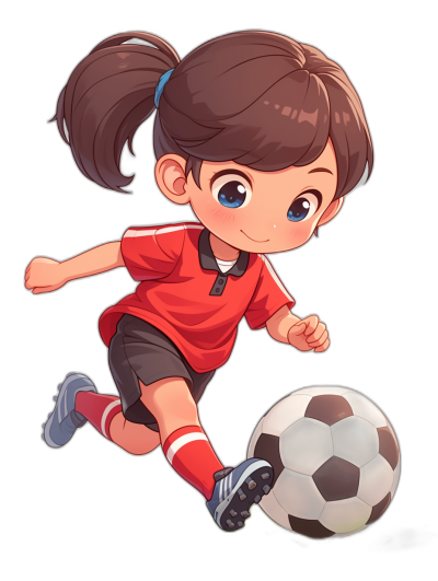 A cute little girl playing soccer, wearing red short sleeves and black shorts with blue eyes and long brown hair in pigtails. She is kicking the ball against an all-black background. The illustration style should be in the style of chibi anime cartoon. It's for fun so make it a bit silly. Don't draw her face too big; keep everything small and simple. There must not be any shadows on dark backgrounds, and there can only be two colors of solid color blocks.