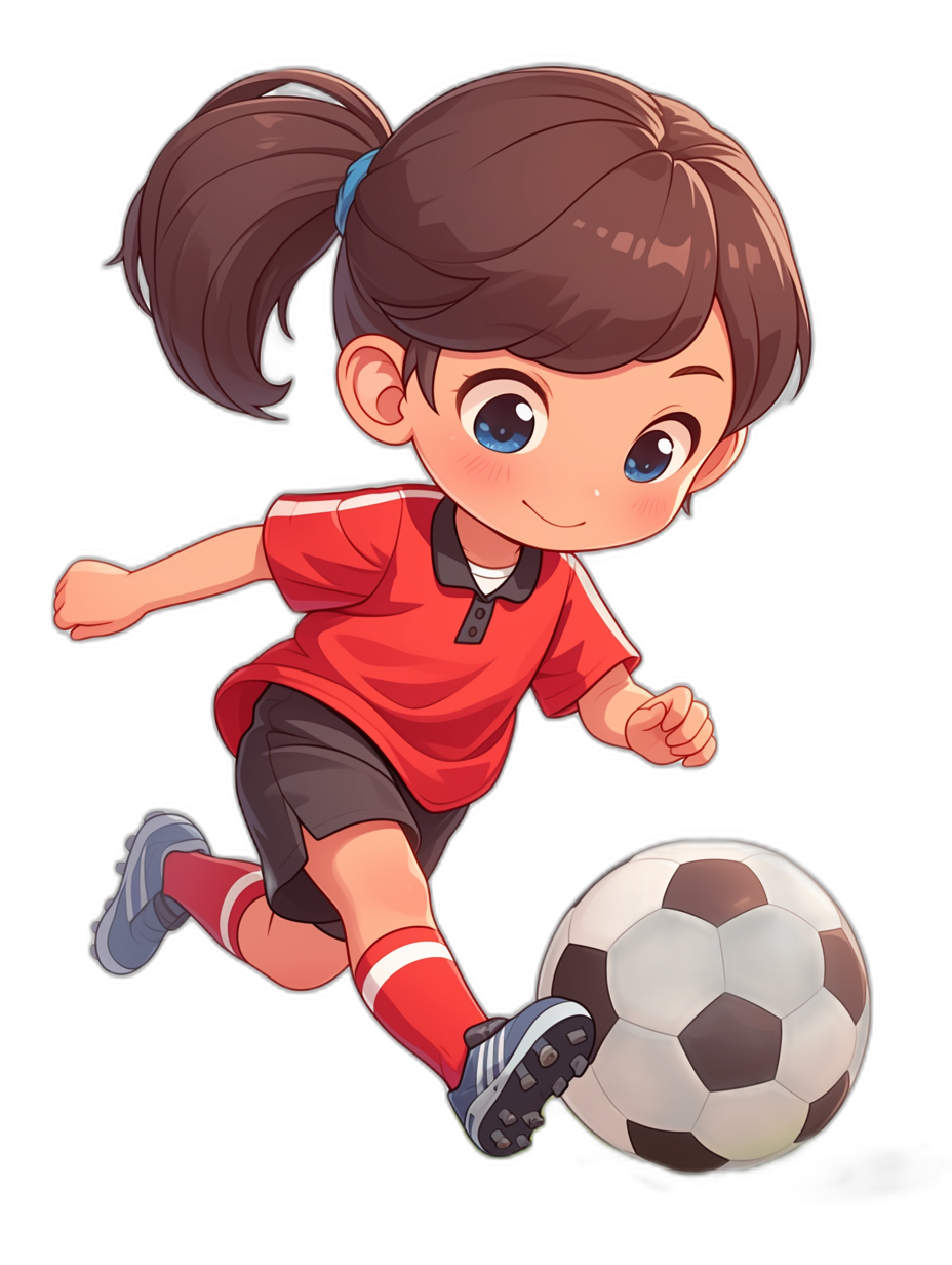 A cute little girl playing soccer, wearing red short sleeves and black shorts with blue eyes and long brown hair in pigtails. She is kicking the ball against an all-black background. The illustration style should be in the style of chibi anime cartoon. It’s for fun so make it a bit silly. Don’t draw her face too big; keep everything small and simple. There must not be any shadows on dark backgrounds, and there can only be two colors of solid color blocks.